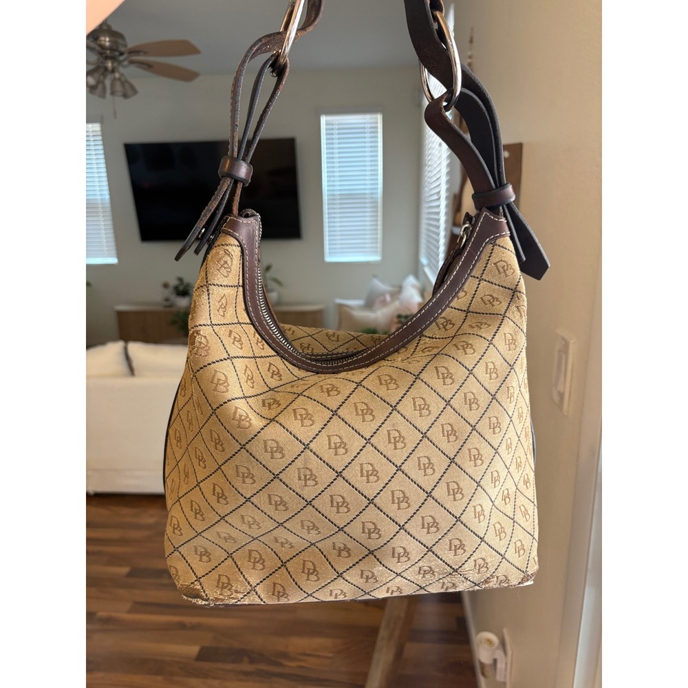 Dooney & Bourke Signature Monogram Hobo Shoulder Bag Tan Brown Vintage